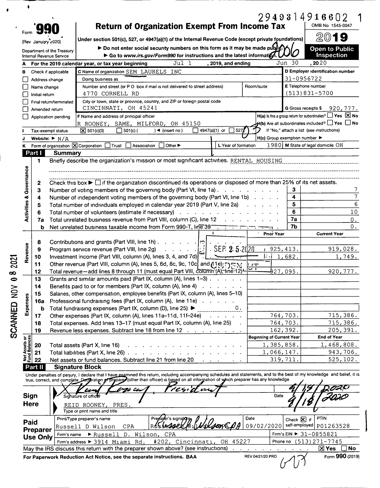 Image of first page of 2019 Form 990 for Sem Laurels