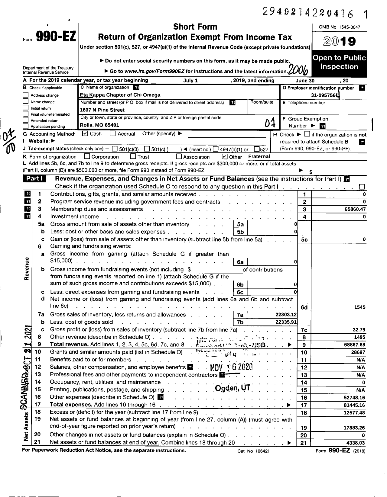 Image of first page of 2019 Form 990EO for CHI OMEGA FRATERNITY - Eta Kappa Chapter of CHI OMEGA