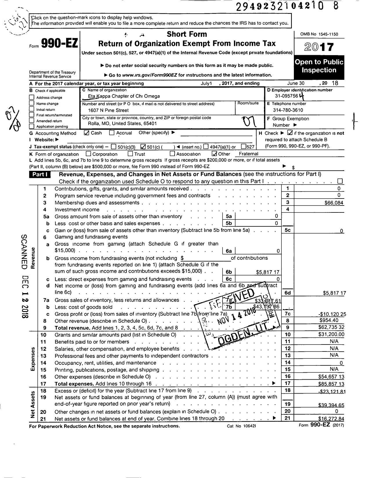 Image of first page of 2017 Form 990EO for CHI OMEGA FRATERNITY - Eta Kappa Chapter of CHI OMEGA