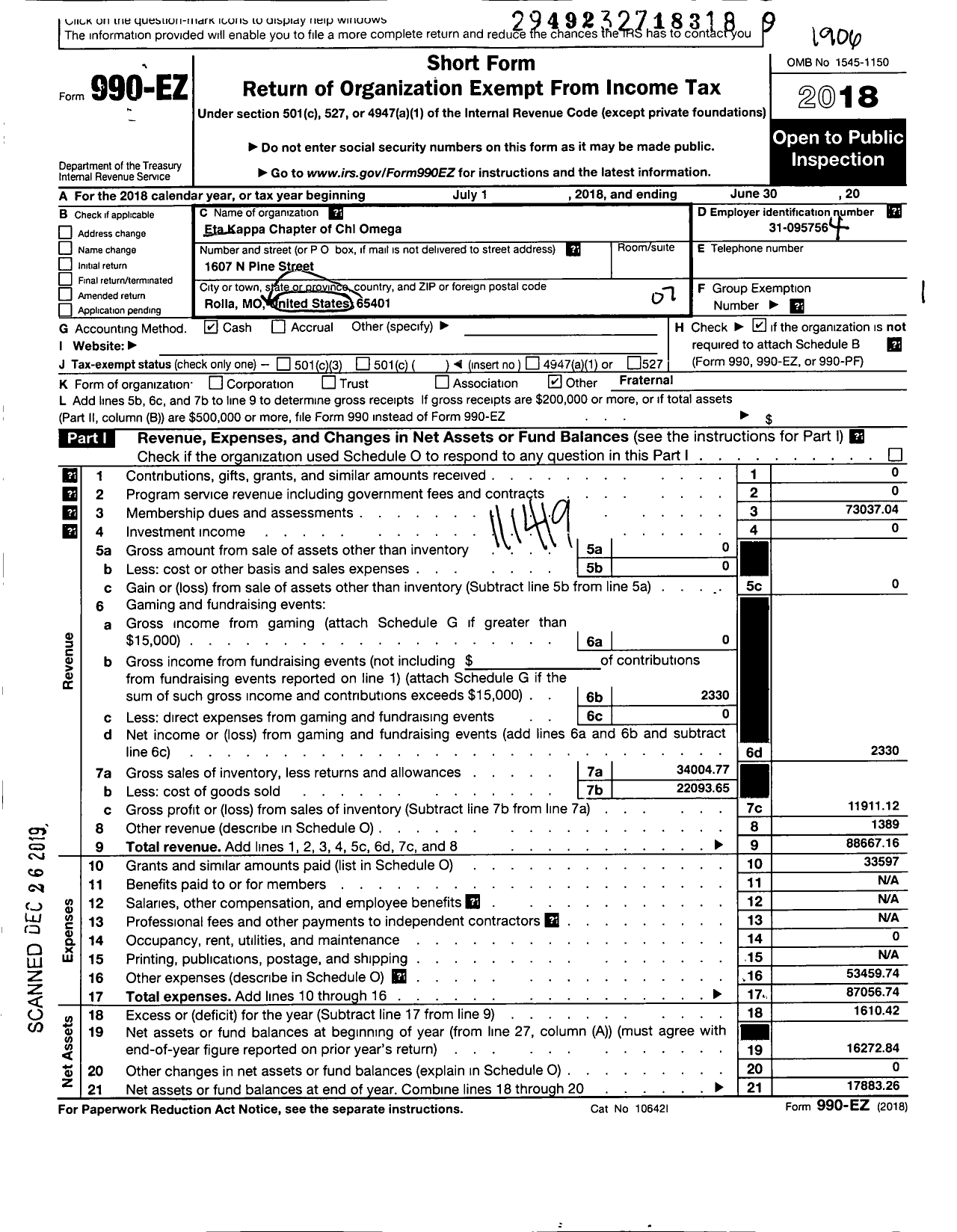 Image of first page of 2018 Form 990EO for CHI OMEGA FRATERNITY - Eta Kappa Chapter of CHI OMEGA