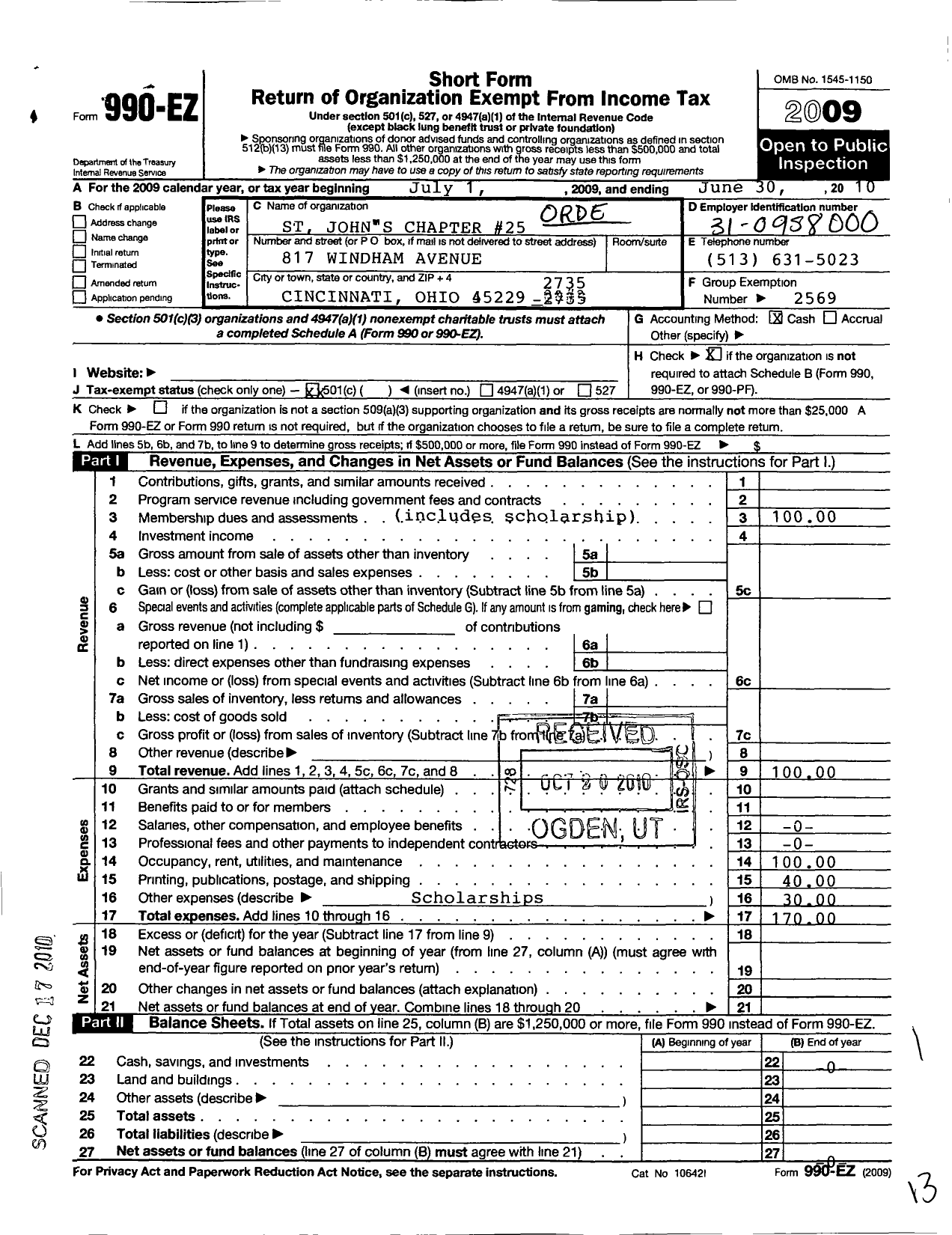 Image of first page of 2009 Form 990EO for Order of the Eastern Star of Ohio and Jurisdiction Prince Hall Affiliati - 25 St Johns Chapter