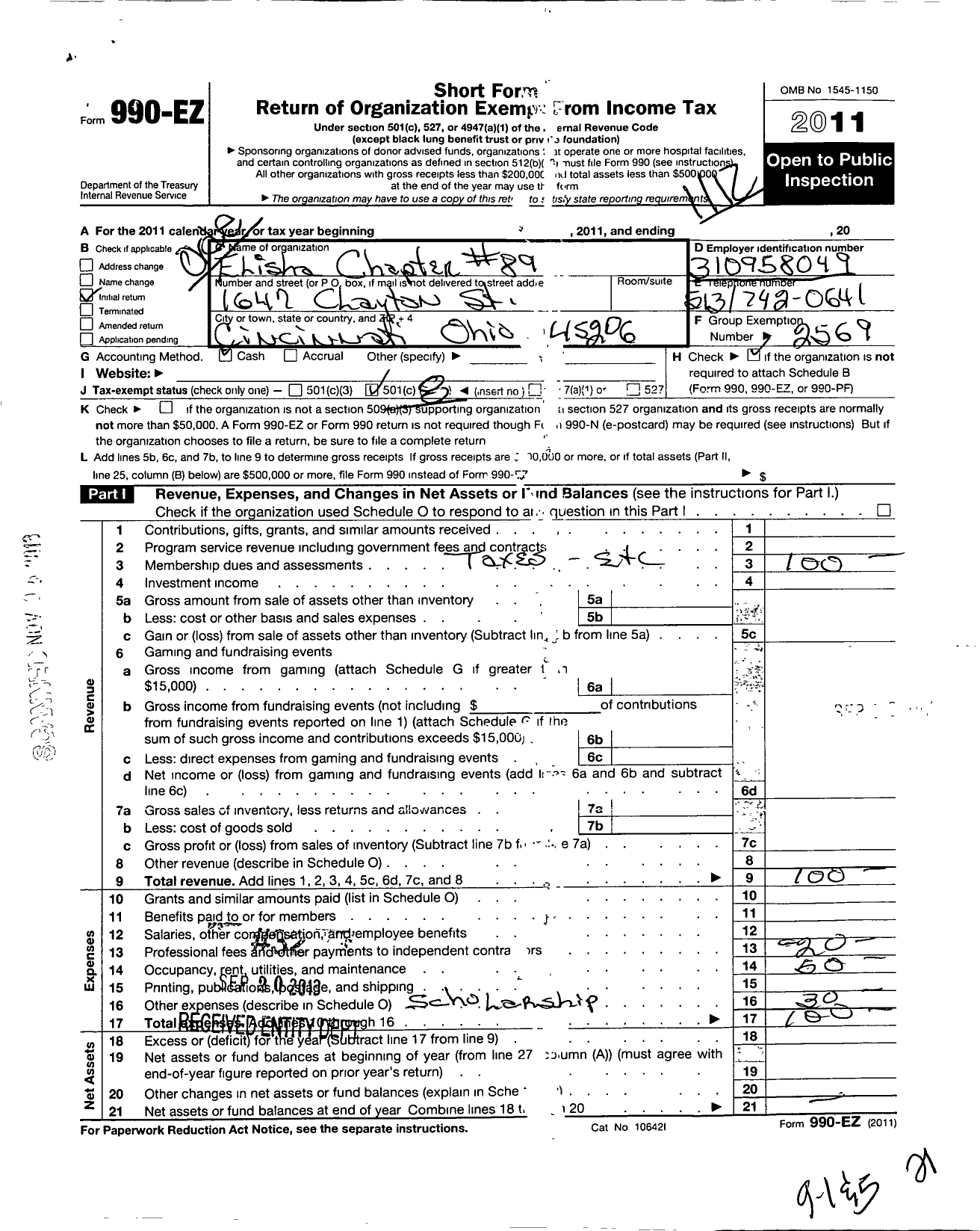 Image of first page of 2011 Form 990EO for Order of the Eastern Star of Ohio and Jurisdiction Prince Hall Affiliati - 89 Elisha Chapter