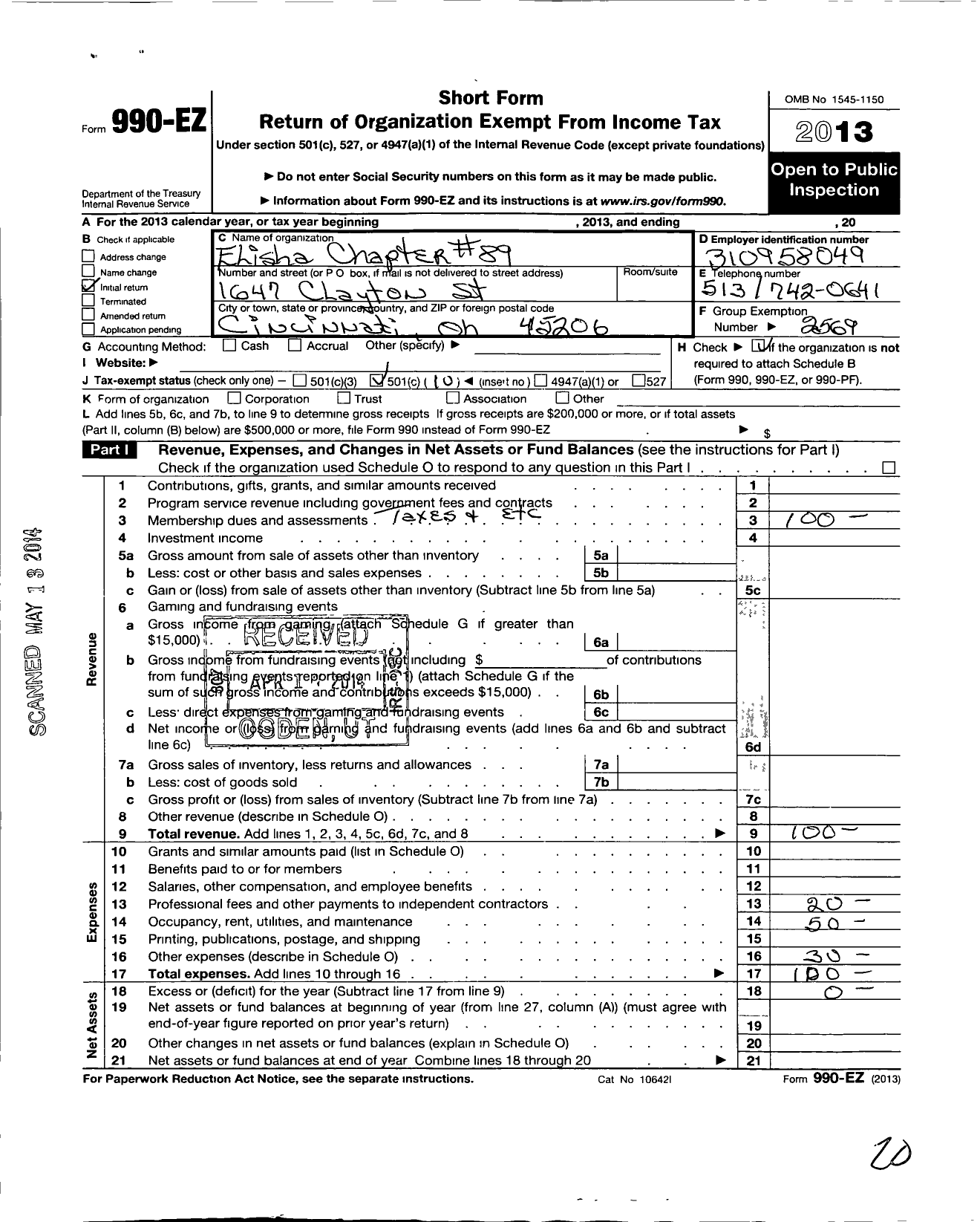 Image of first page of 2013 Form 990EO for Order of the Eastern Star of Ohio and Jurisdiction Prince Hall Affiliati - 89 Elisha Chapter