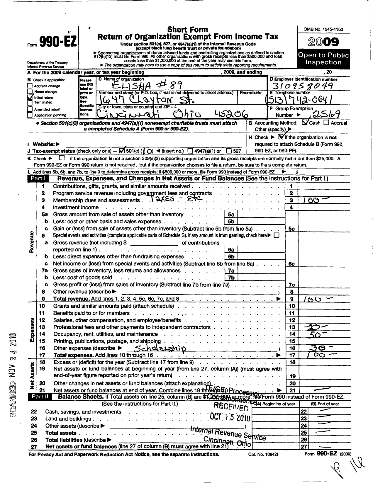 Image of first page of 2009 Form 990EO for Order of the Eastern Star of Ohio and Jurisdiction Prince Hall Affiliati - 89 Elisha Chapter