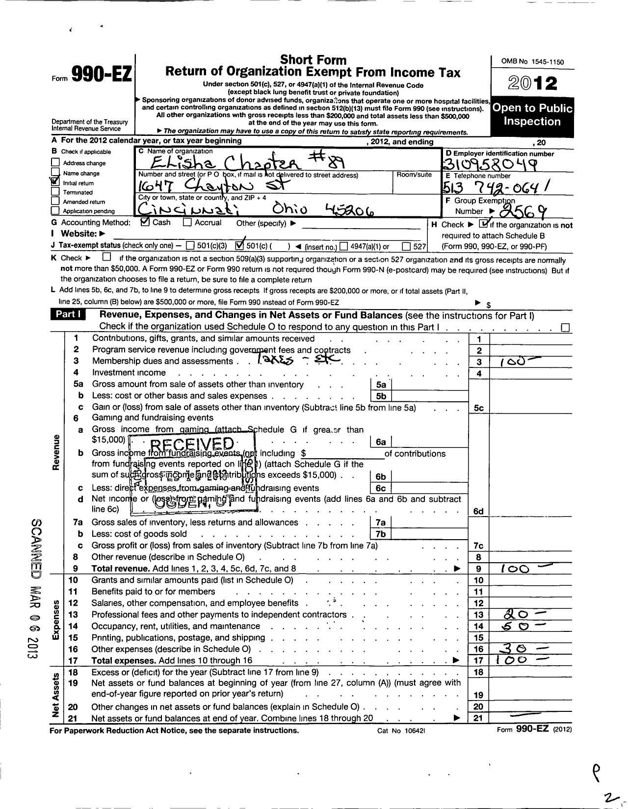 Image of first page of 2012 Form 990EO for Order of the Eastern Star of Ohio and Jurisdiction Prince Hall Affiliati - 89 Elisha Chapter