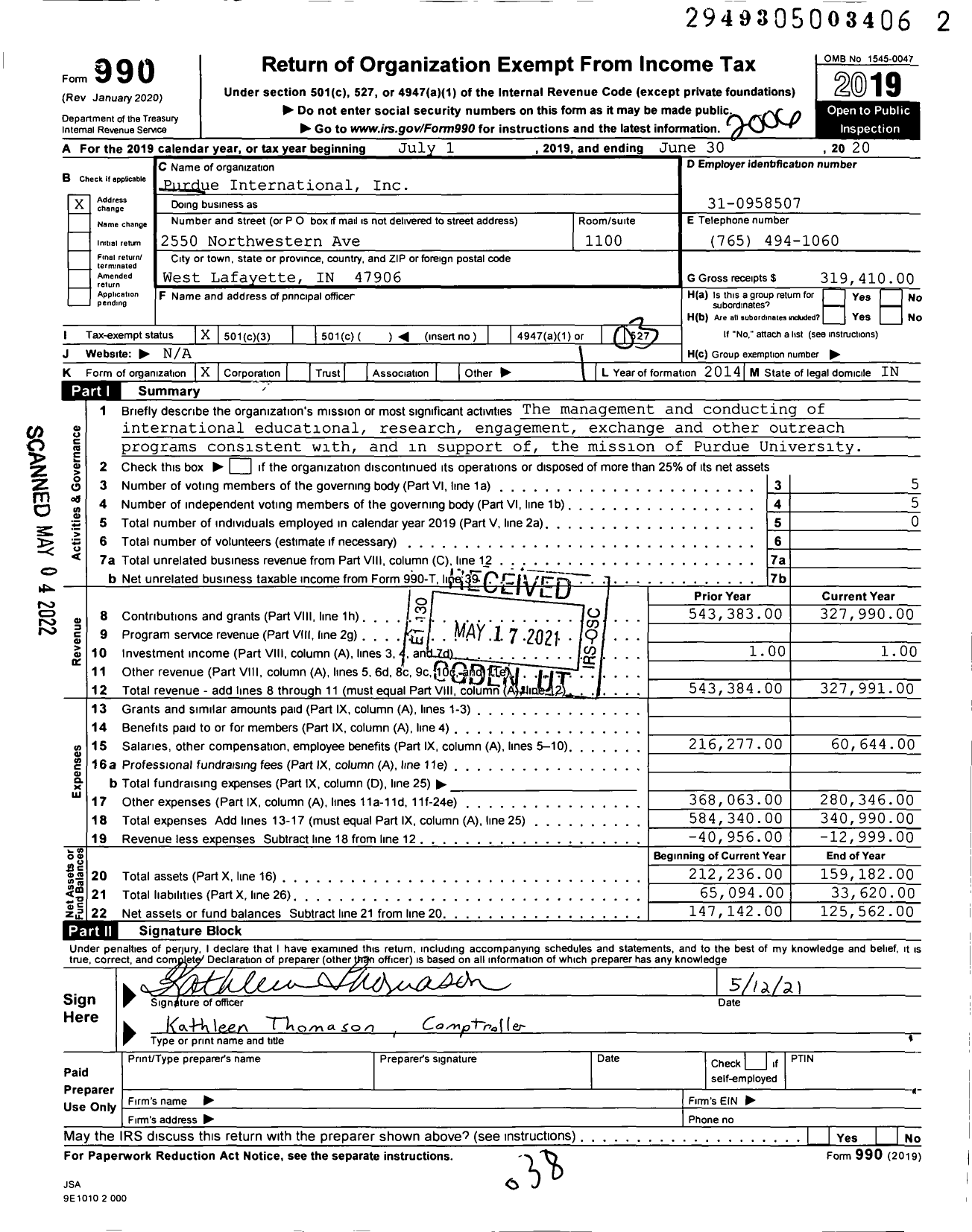 Image of first page of 2019 Form 990 for Purdue International