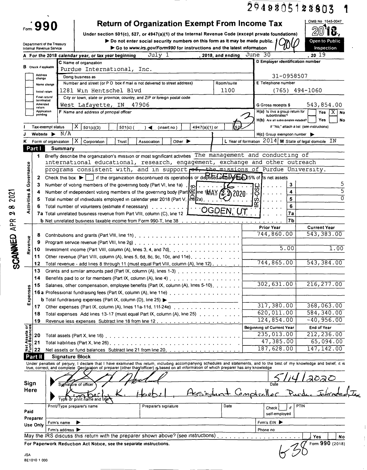 Image of first page of 2018 Form 990 for Purdue International