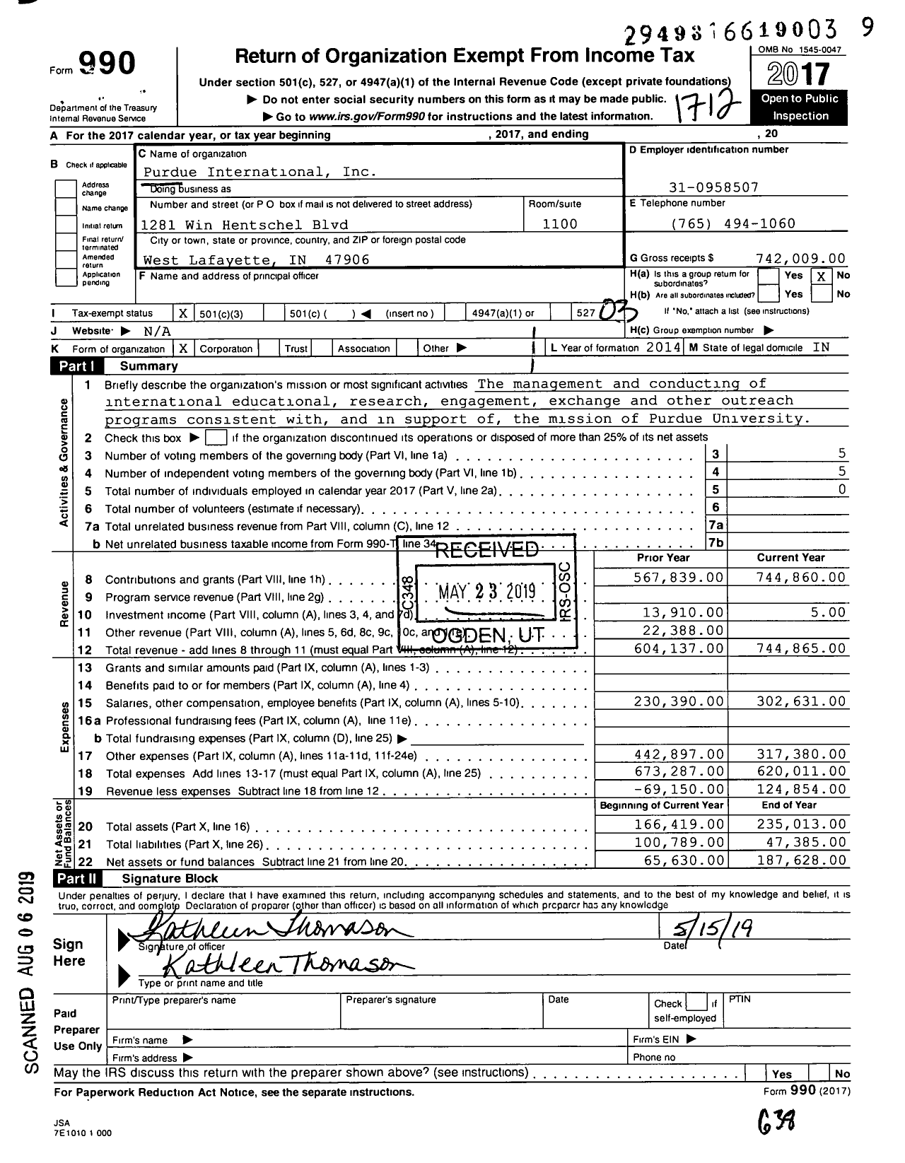 Image of first page of 2017 Form 990 for Purdue International