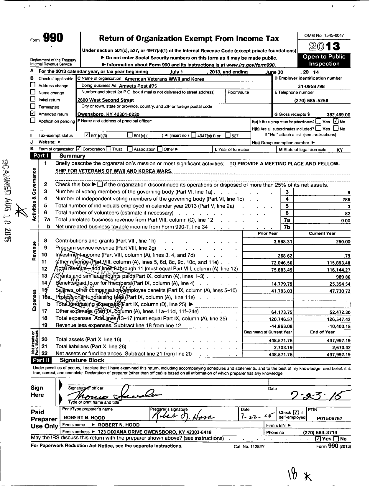 Image of first page of 2013 Form 990 for Amvets Post 75 / 0075-ky