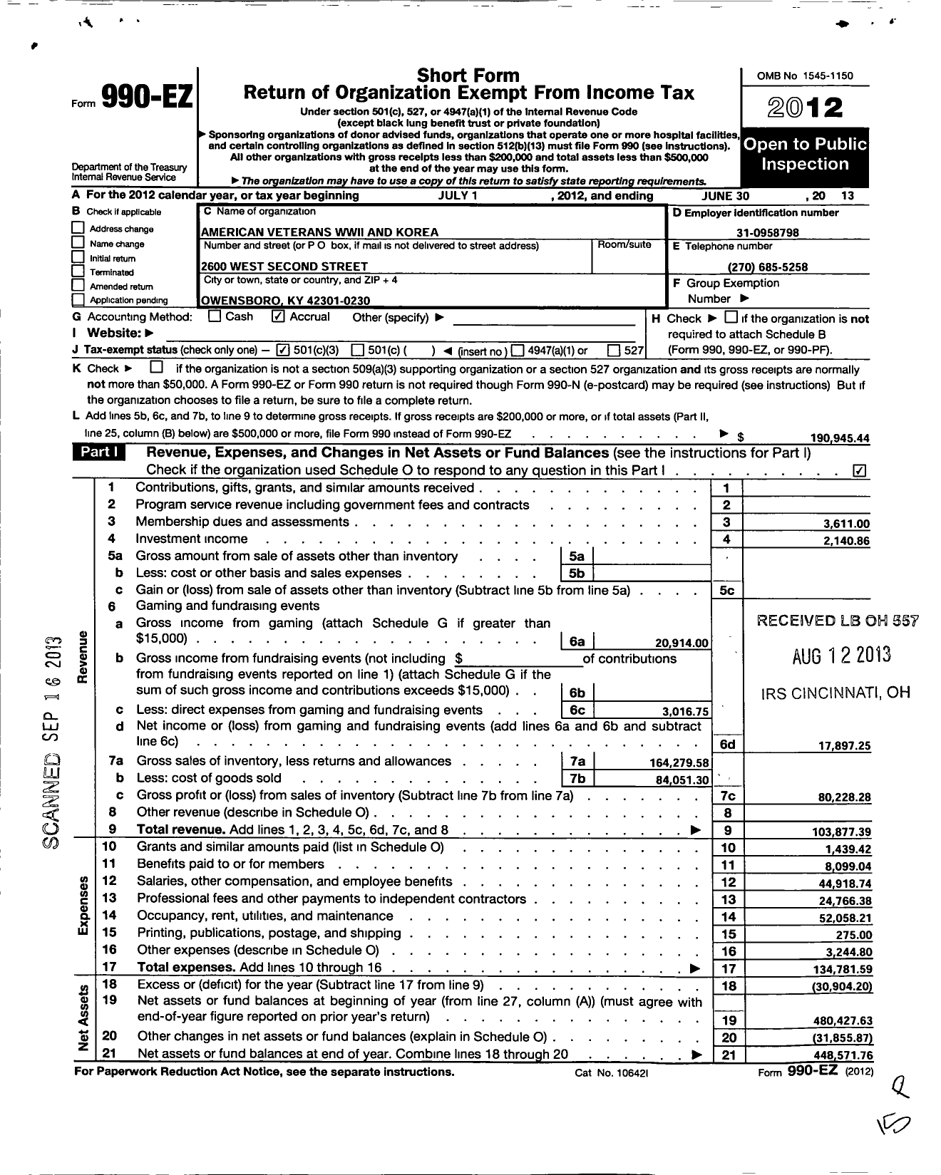 Image of first page of 2012 Form 990EZ for Amvets Post 75 / 0075-ky