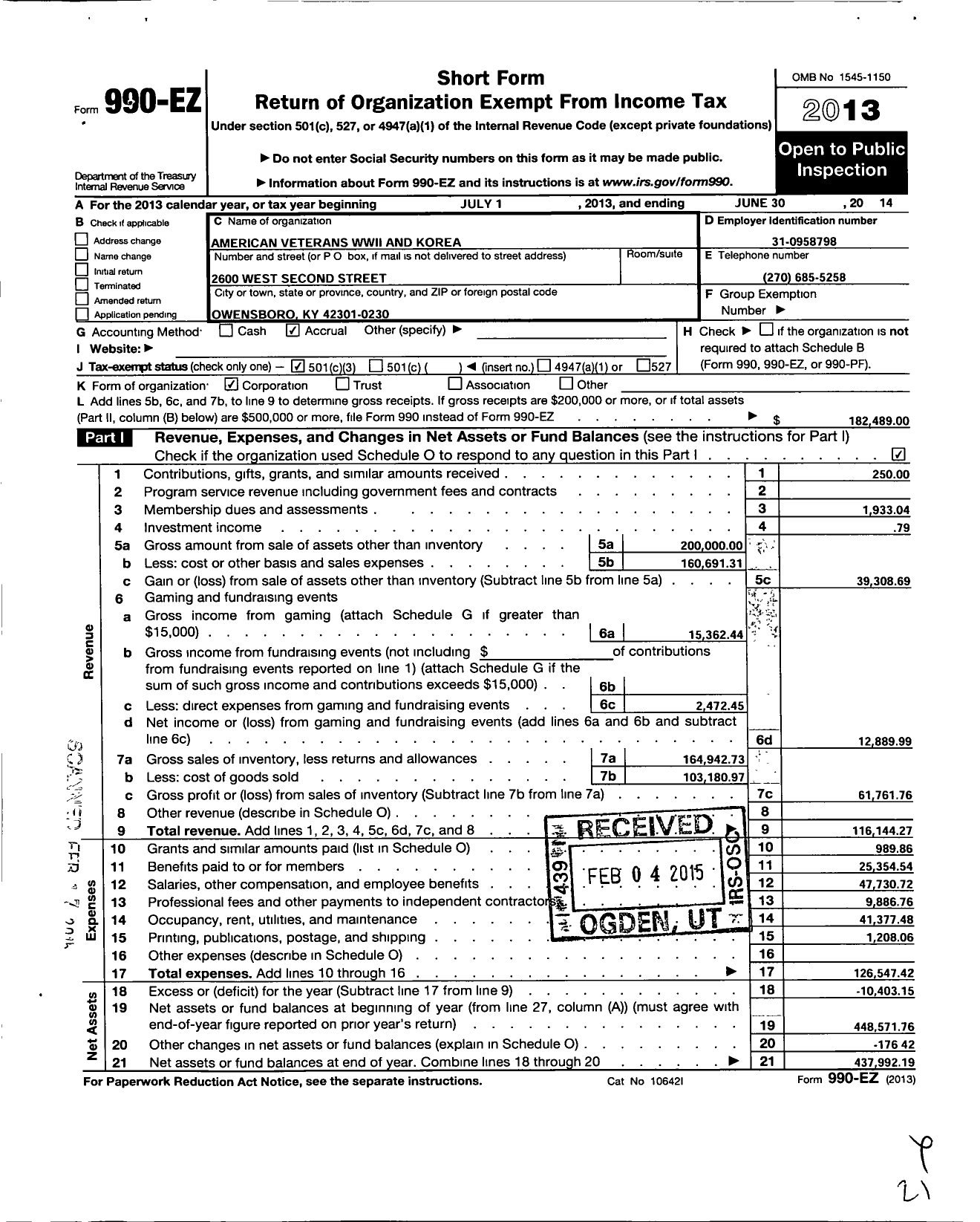 Image of first page of 2013 Form 990EZ for Amvets Post 75 / 0075-ky