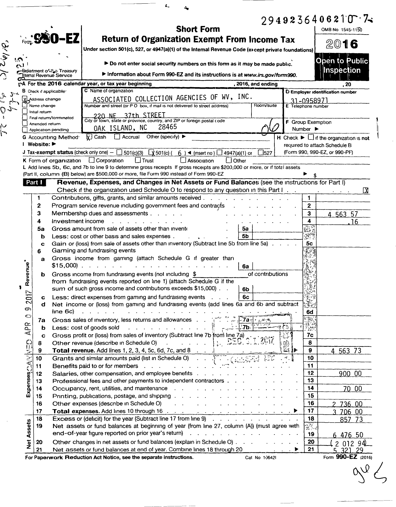 Image of first page of 2016 Form 990EO for Associated Collection Agencies of WV