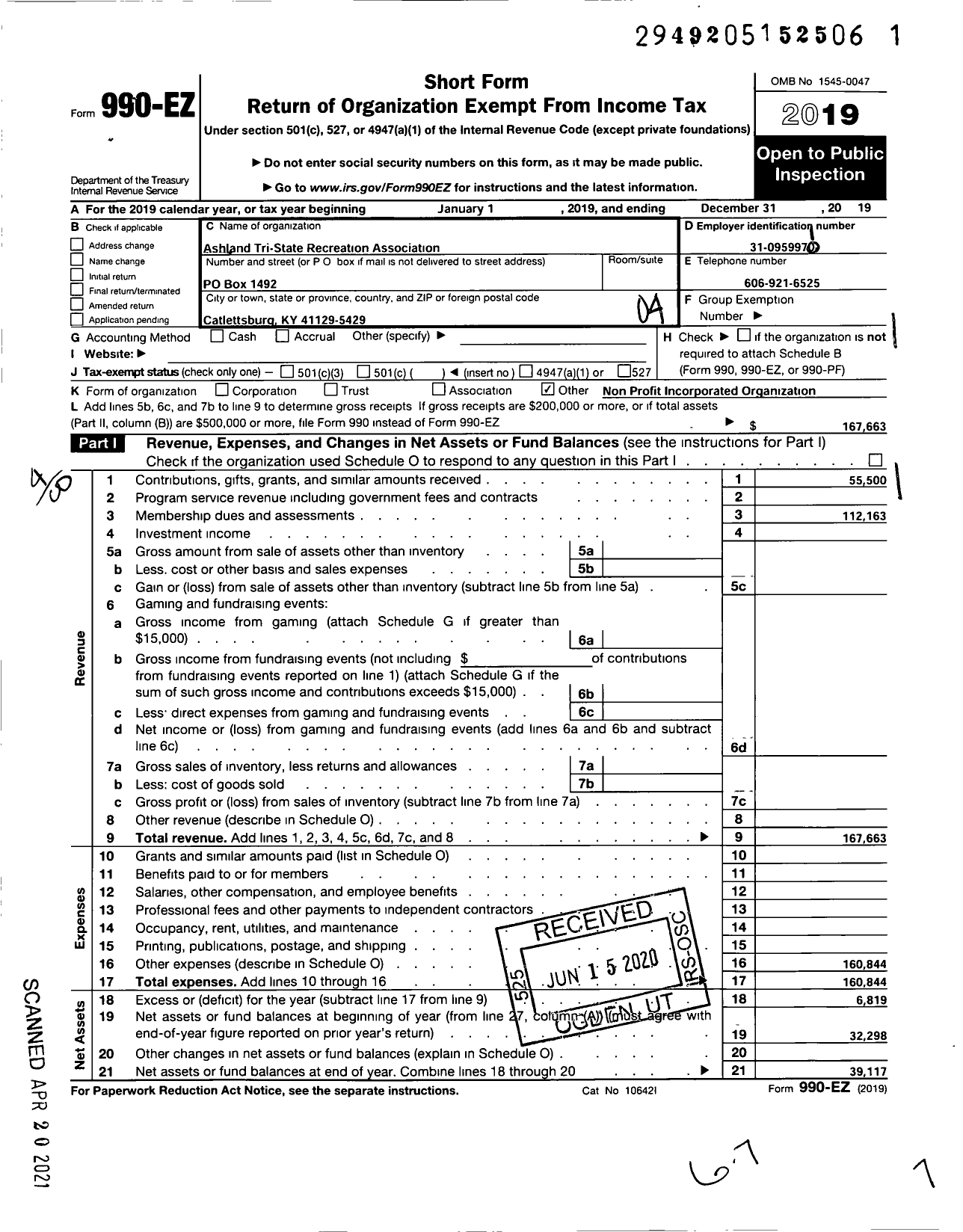 Image of first page of 2019 Form 990EO for Ashland Tri-State Recreation Association