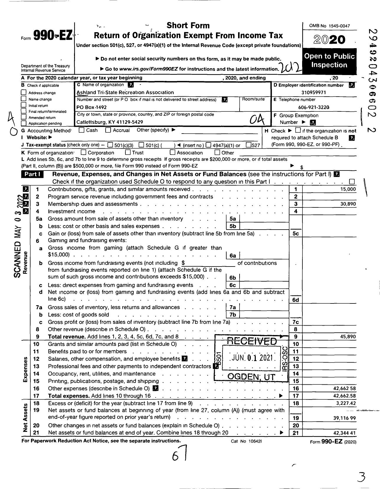 Image of first page of 2020 Form 990EO for Ashland Tri-State Recreation Association