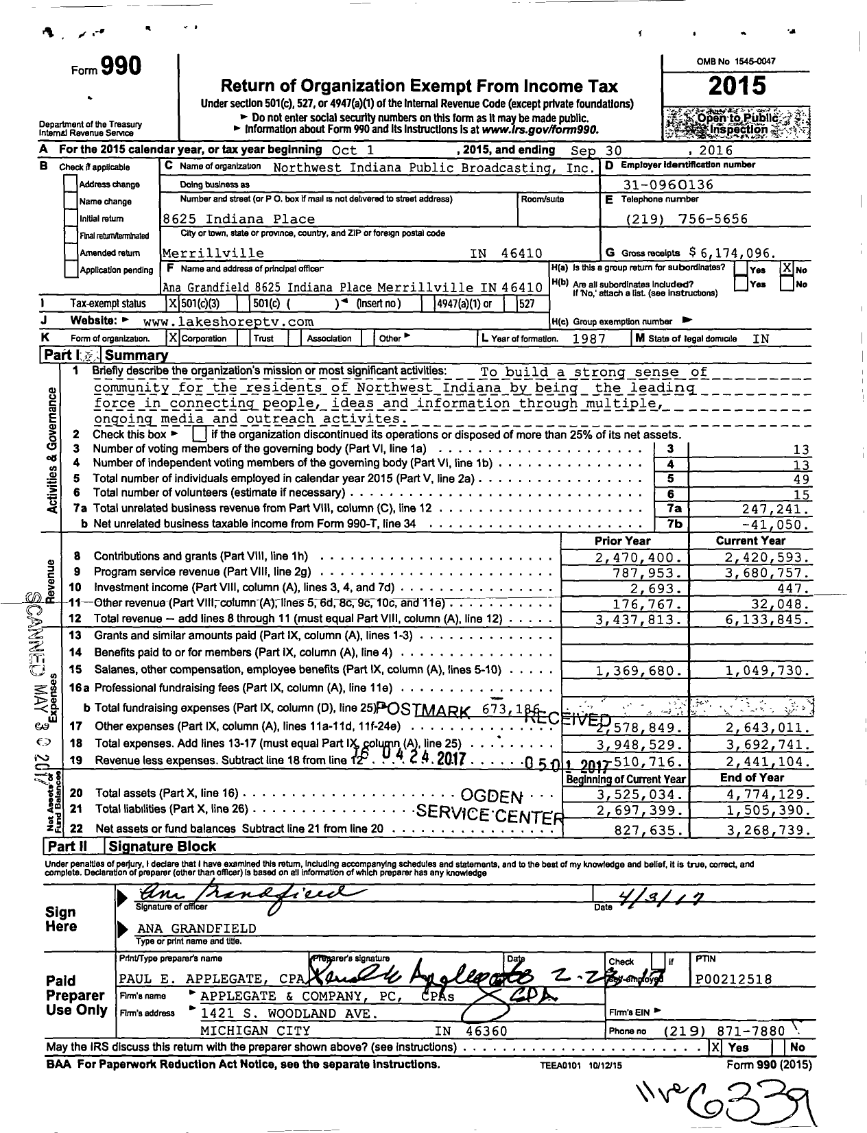 Image of first page of 2015 Form 990 for Northwest Indiana Public Broadcasting