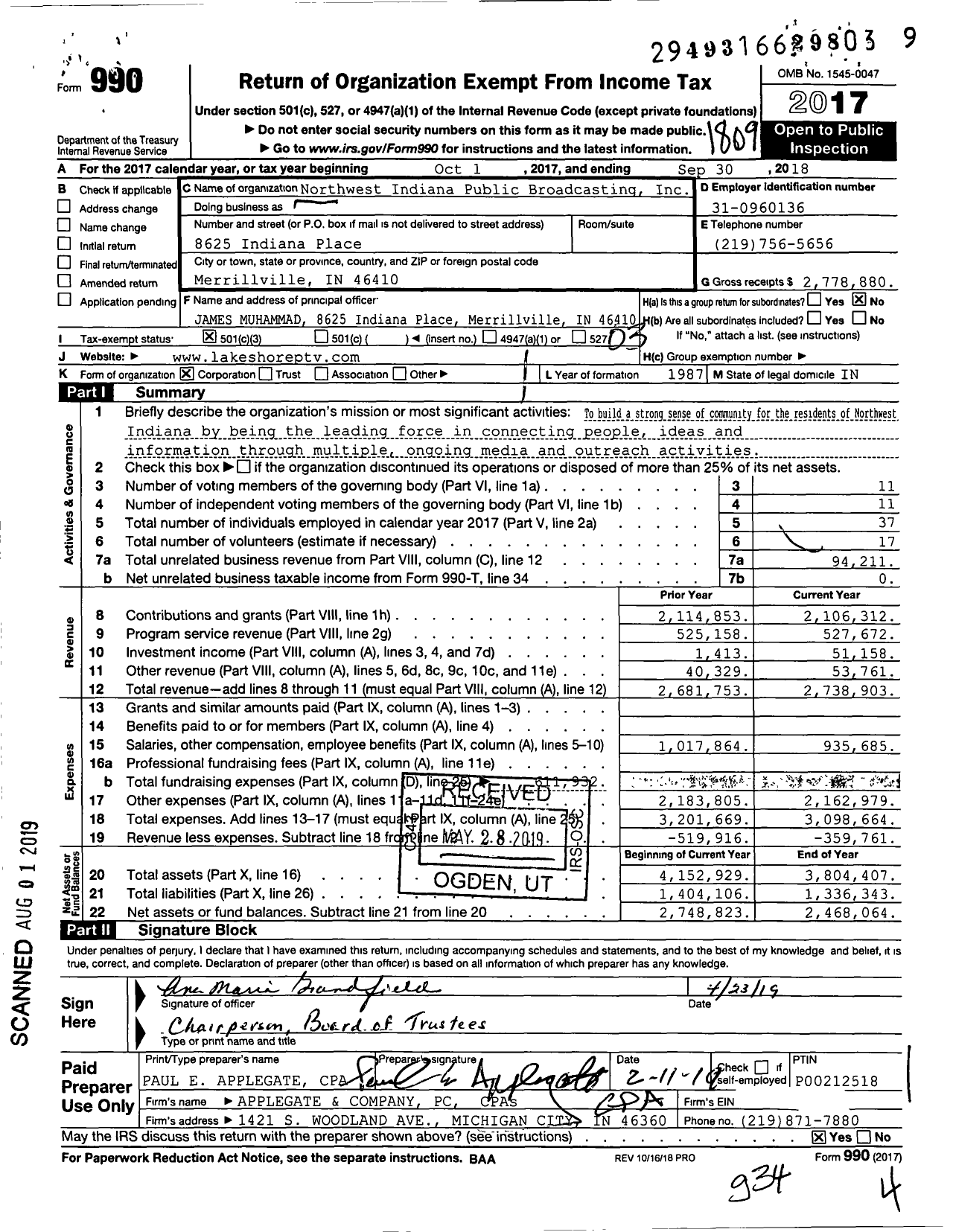 Image of first page of 2017 Form 990 for Northwest Indiana Public Broadcasting
