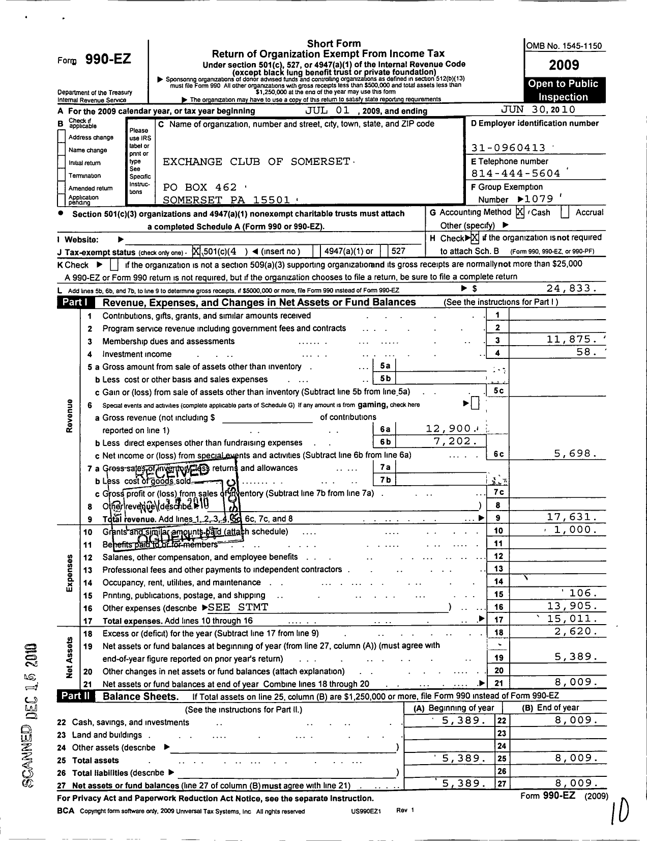 Image of first page of 2009 Form 990EO for National Exchange Club - 2021 Somerset Pa