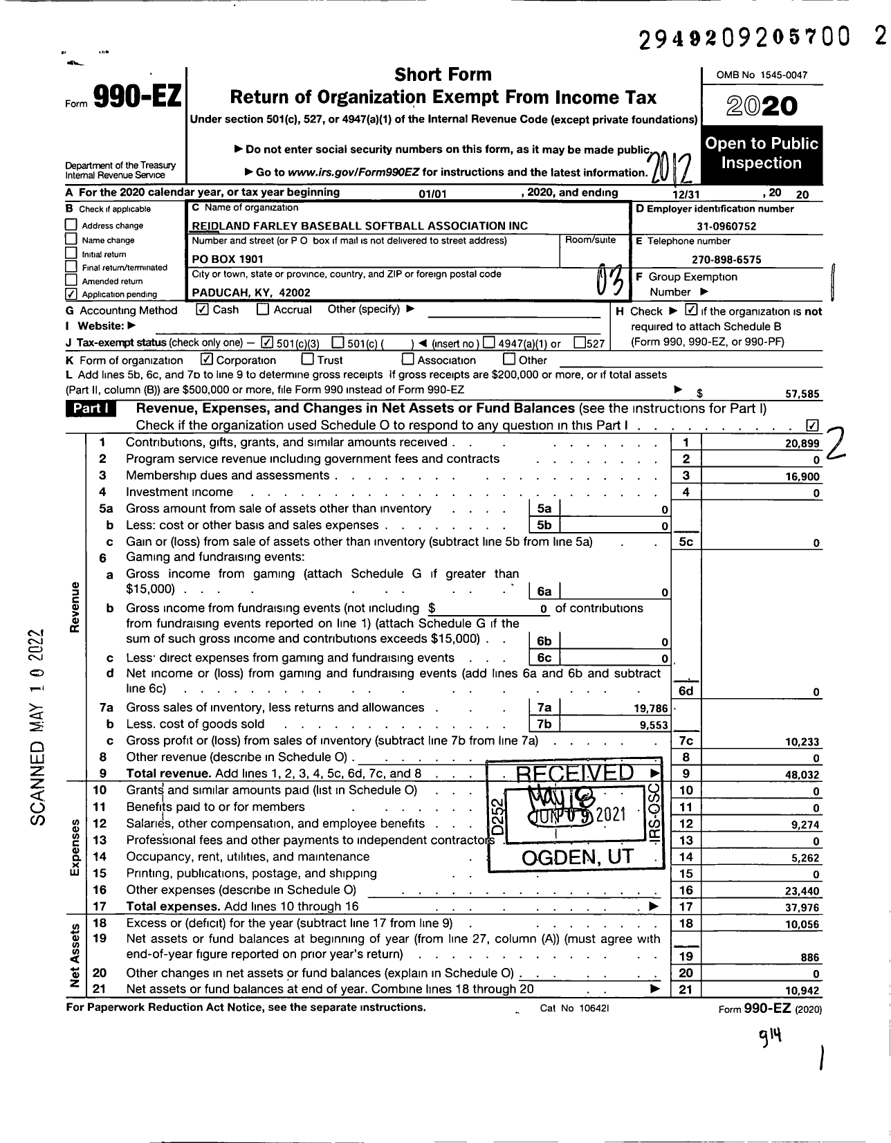 Image of first page of 2020 Form 990EZ for Reidland-Farley Baseball Softball Association