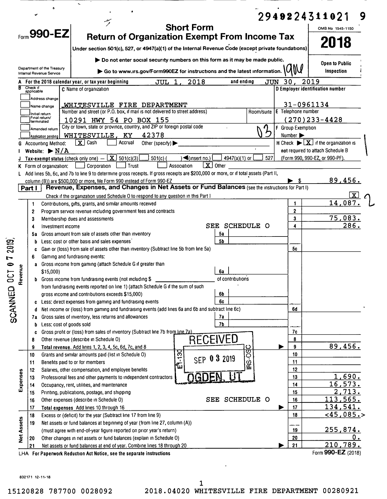 Image of first page of 2018 Form 990EZ for Whitesville Fire Department