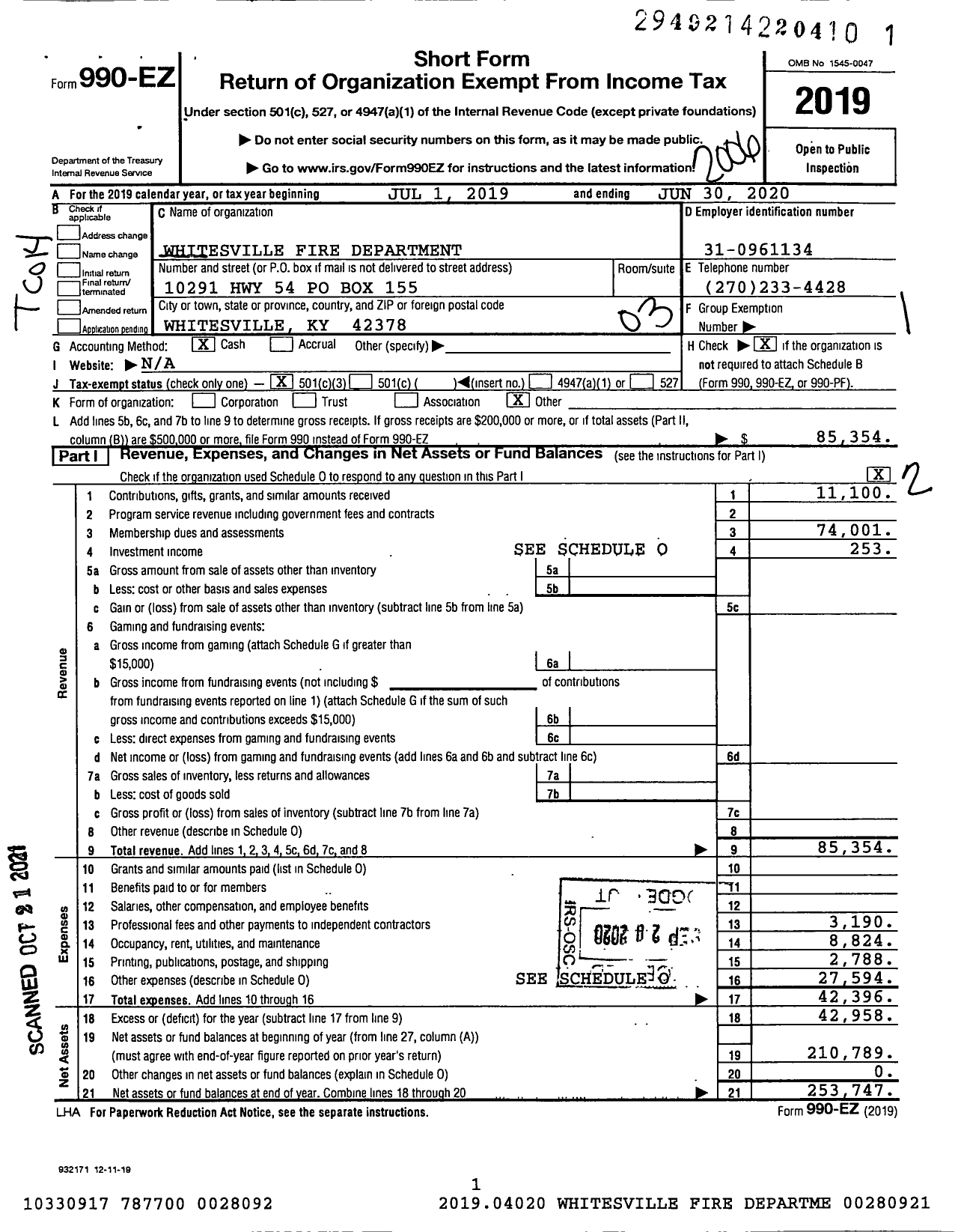 Image of first page of 2019 Form 990EZ for Whitesville Fire Department