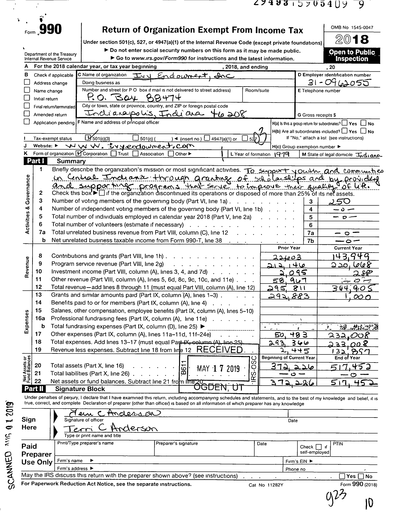 Image of first page of 2018 Form 990 for Ivy Endowment