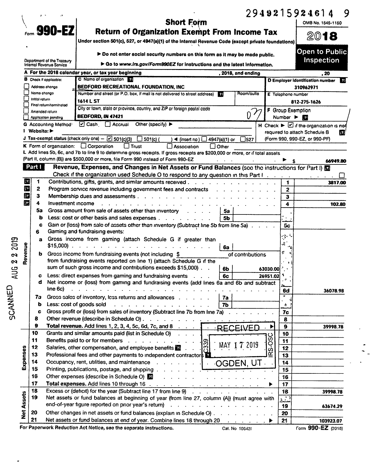 Image of first page of 2018 Form 990EZ for Bedford Recreation Foundation