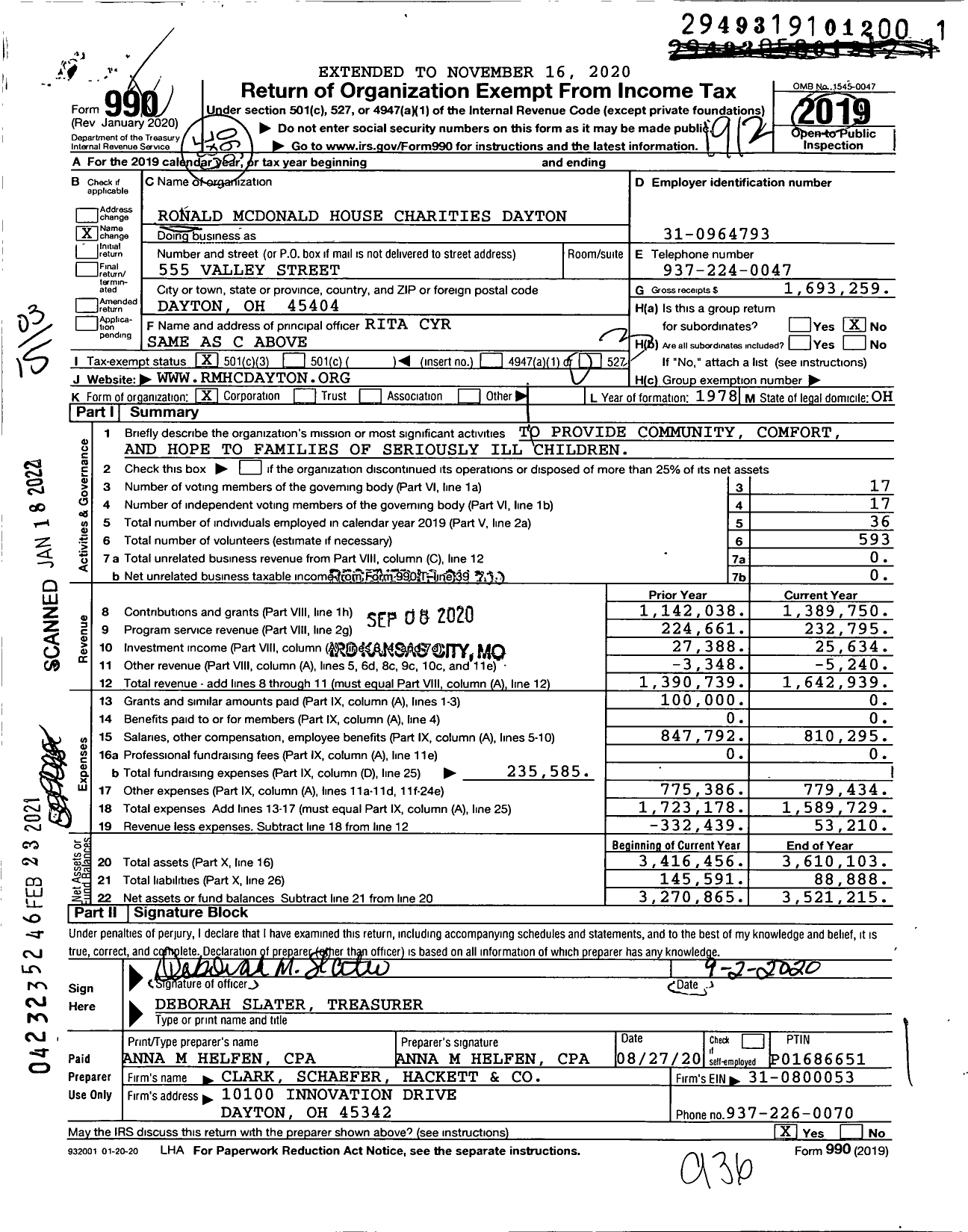 Image of first page of 2019 Form 990 for Ronald Mcdonald House Charities Dayton