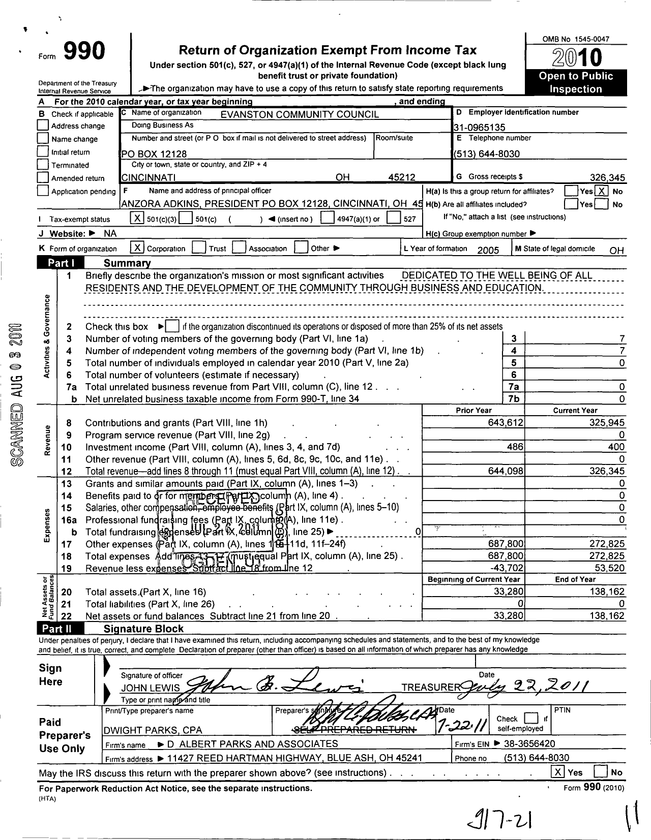 Image of first page of 2010 Form 990 for Evanston Community Council