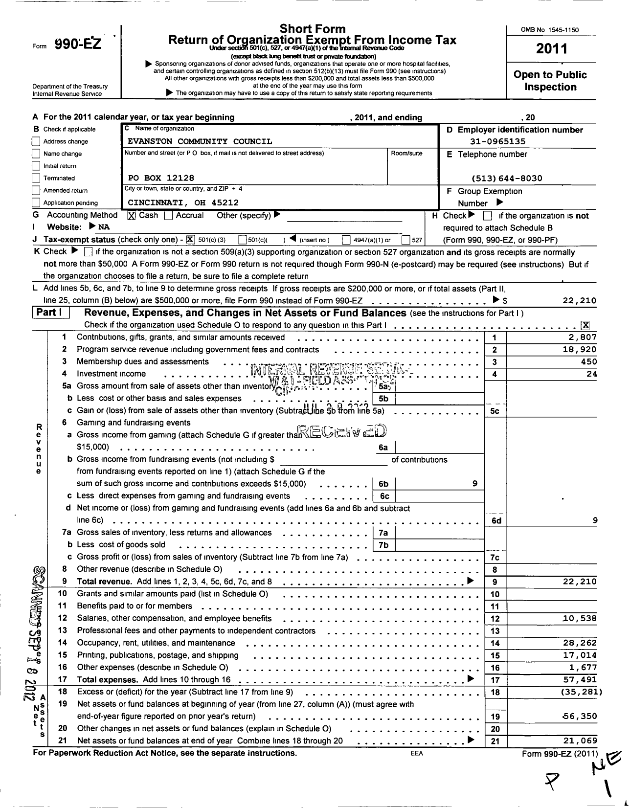 Image of first page of 2011 Form 990EZ for Evanston Community Council