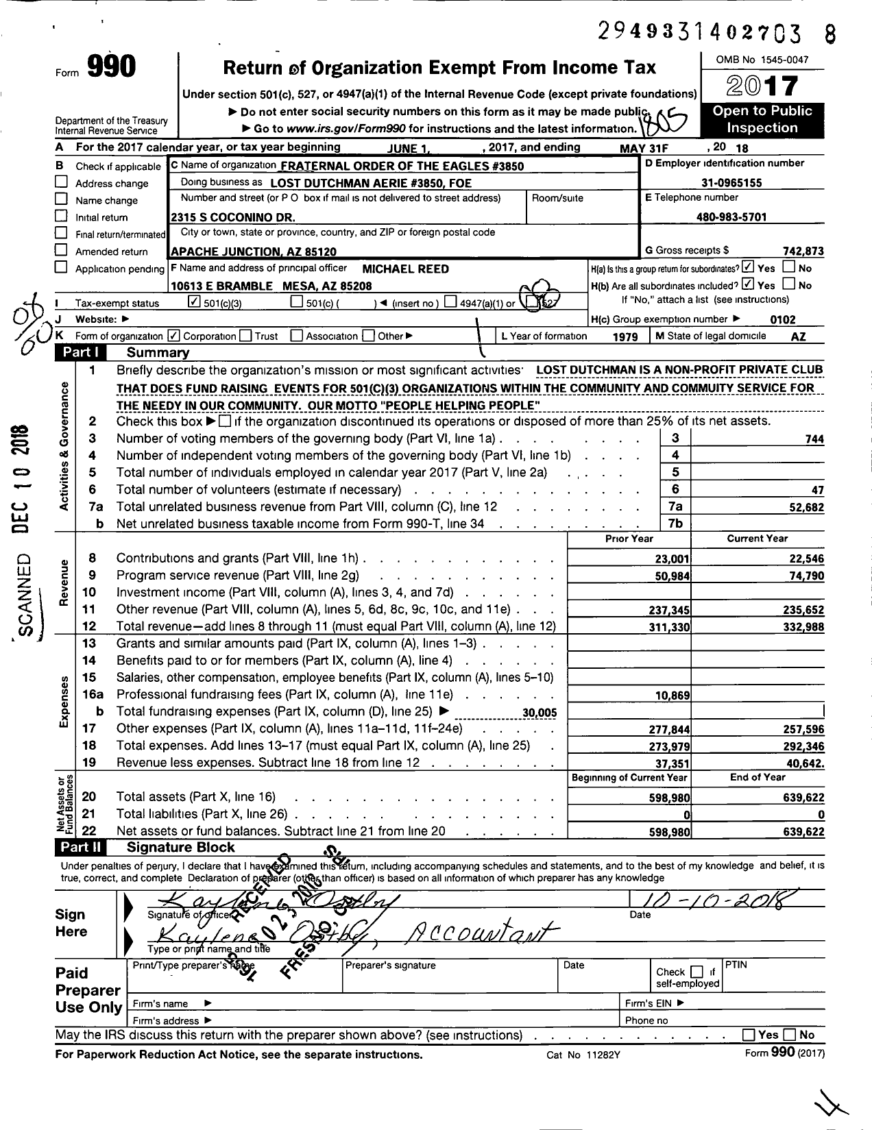 Image of first page of 2017 Form 990O for Fraternal Order of Eagles - Lost Dutchman Aerie 3850 FOE