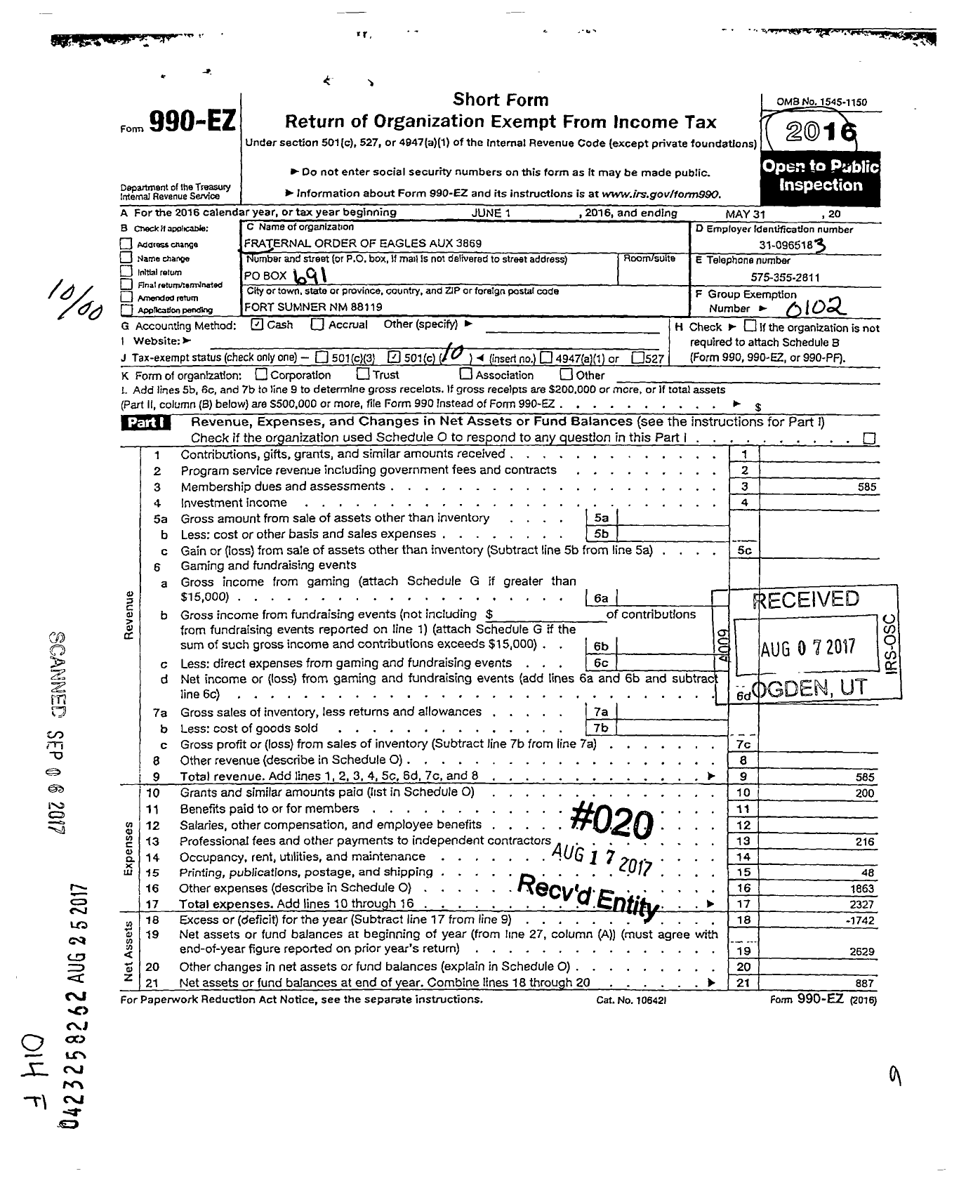 Image of first page of 2015 Form 990EO for Fraternal Order of Eagle Aerie 3863