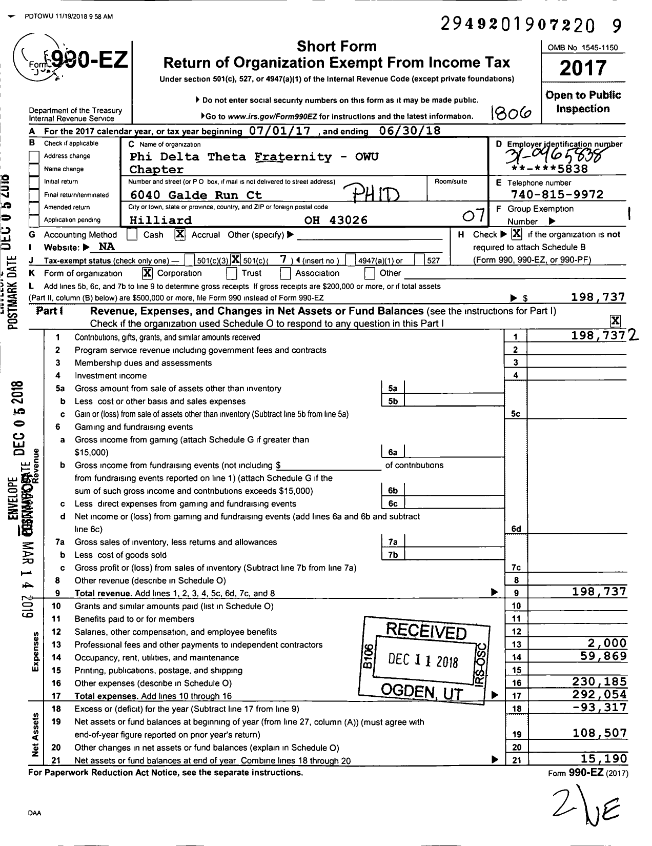 Image of first page of 2017 Form 990EO for Phi Delta Theta Owu Chapter Alumni