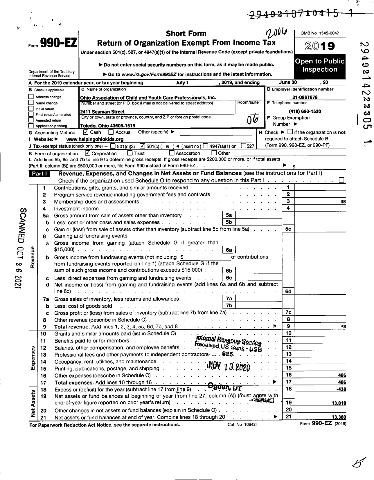 Image of first page of 2019 Form 990EO for Ohio Association of Child and Youth Care Professionals