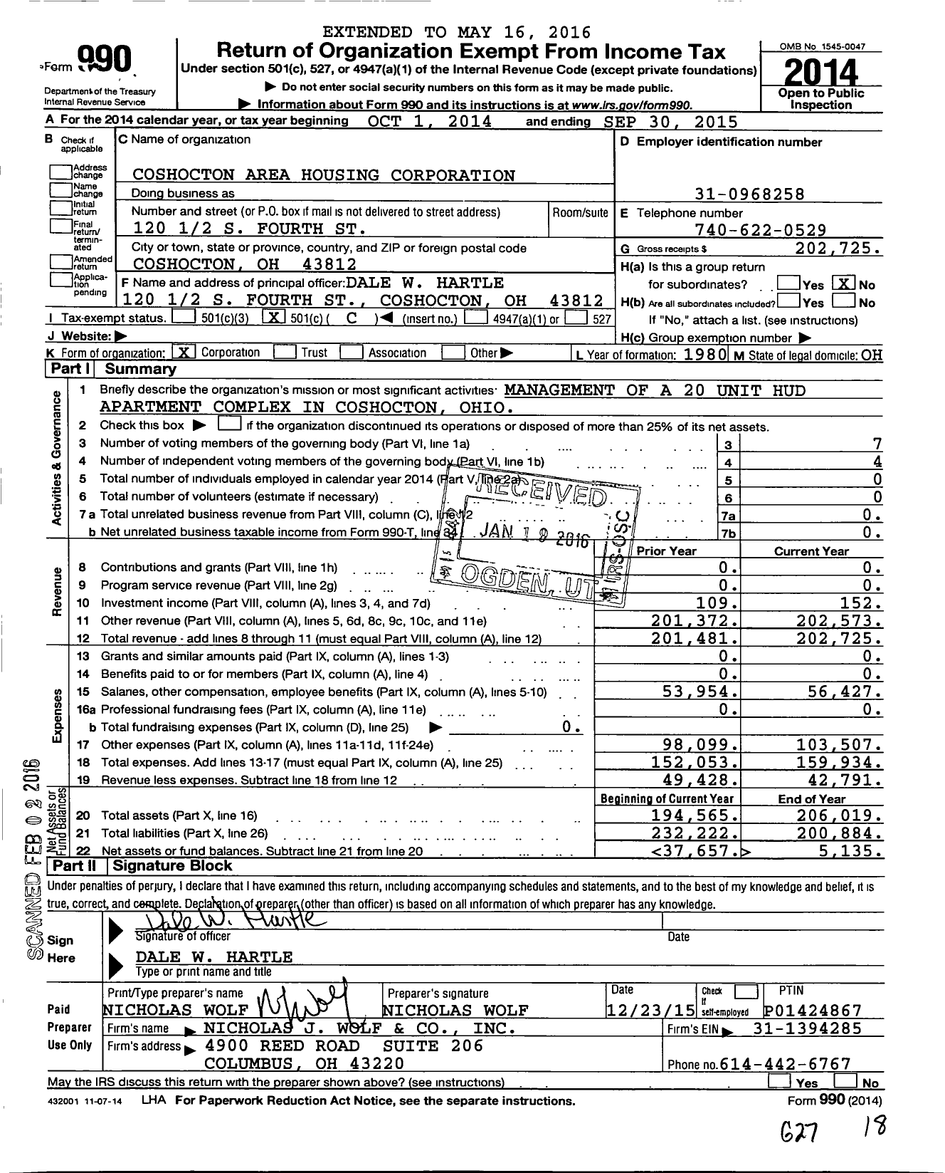 Image of first page of 2014 Form 990O for Pear Tree North Apartments