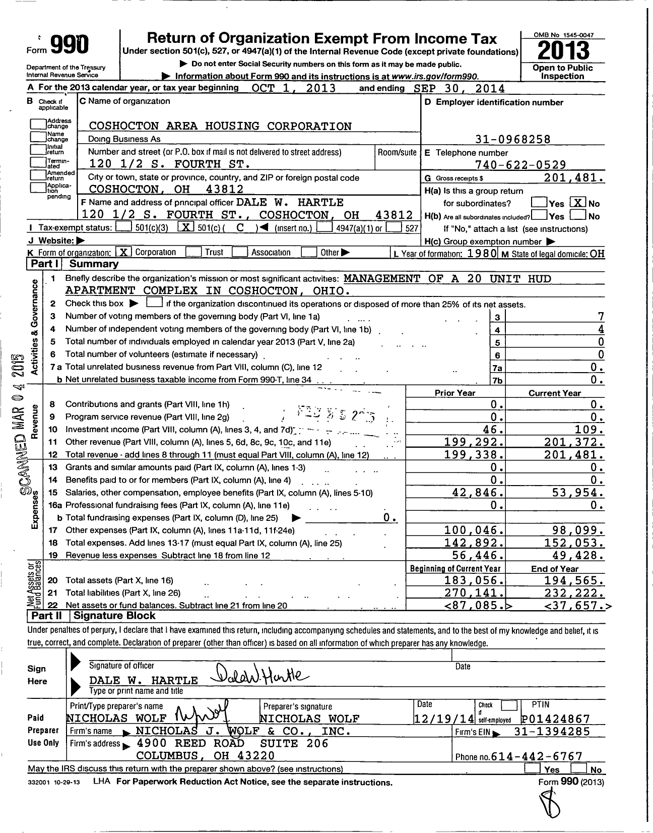 Image of first page of 2013 Form 990O for Pear Tree North Apartments