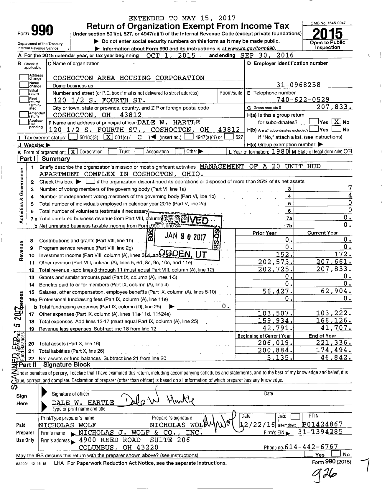 Image of first page of 2015 Form 990O for Pear Tree North Apartments