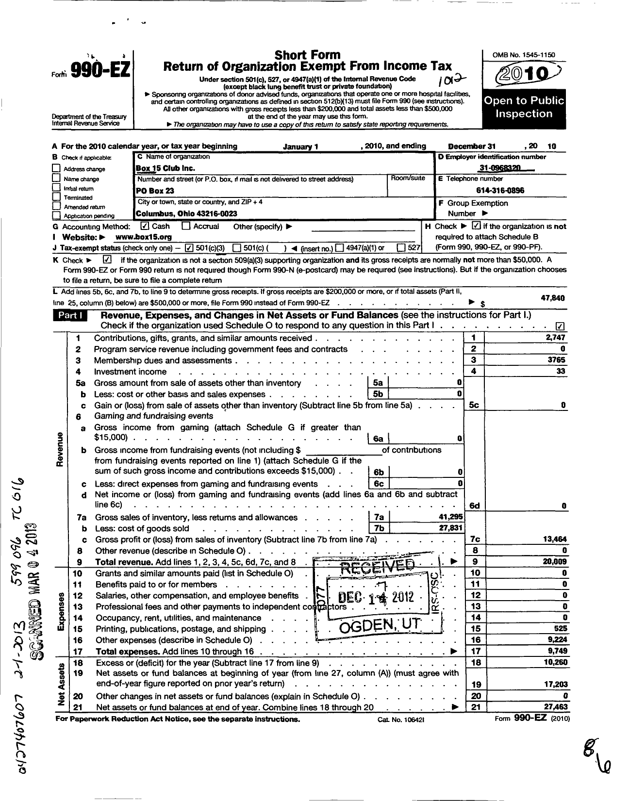 Image of first page of 2010 Form 990EZ for Box 15