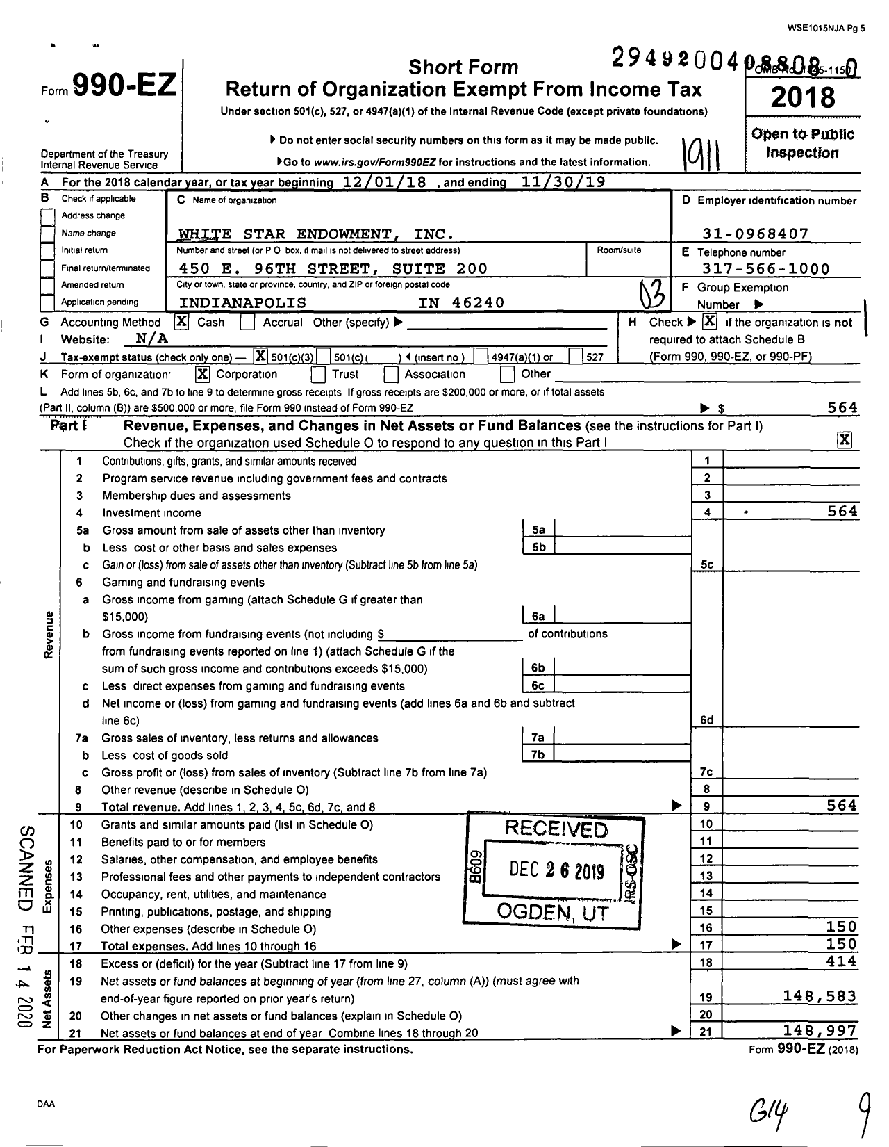 Image of first page of 2018 Form 990EZ for White Star Endowment