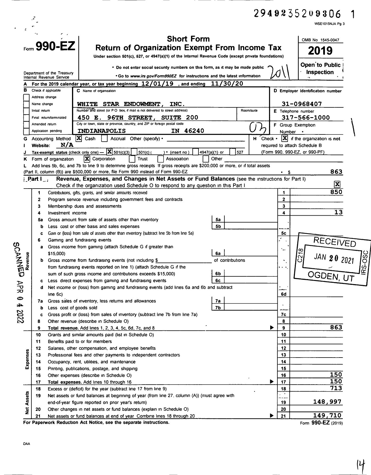 Image of first page of 2019 Form 990EZ for White Star Endowment