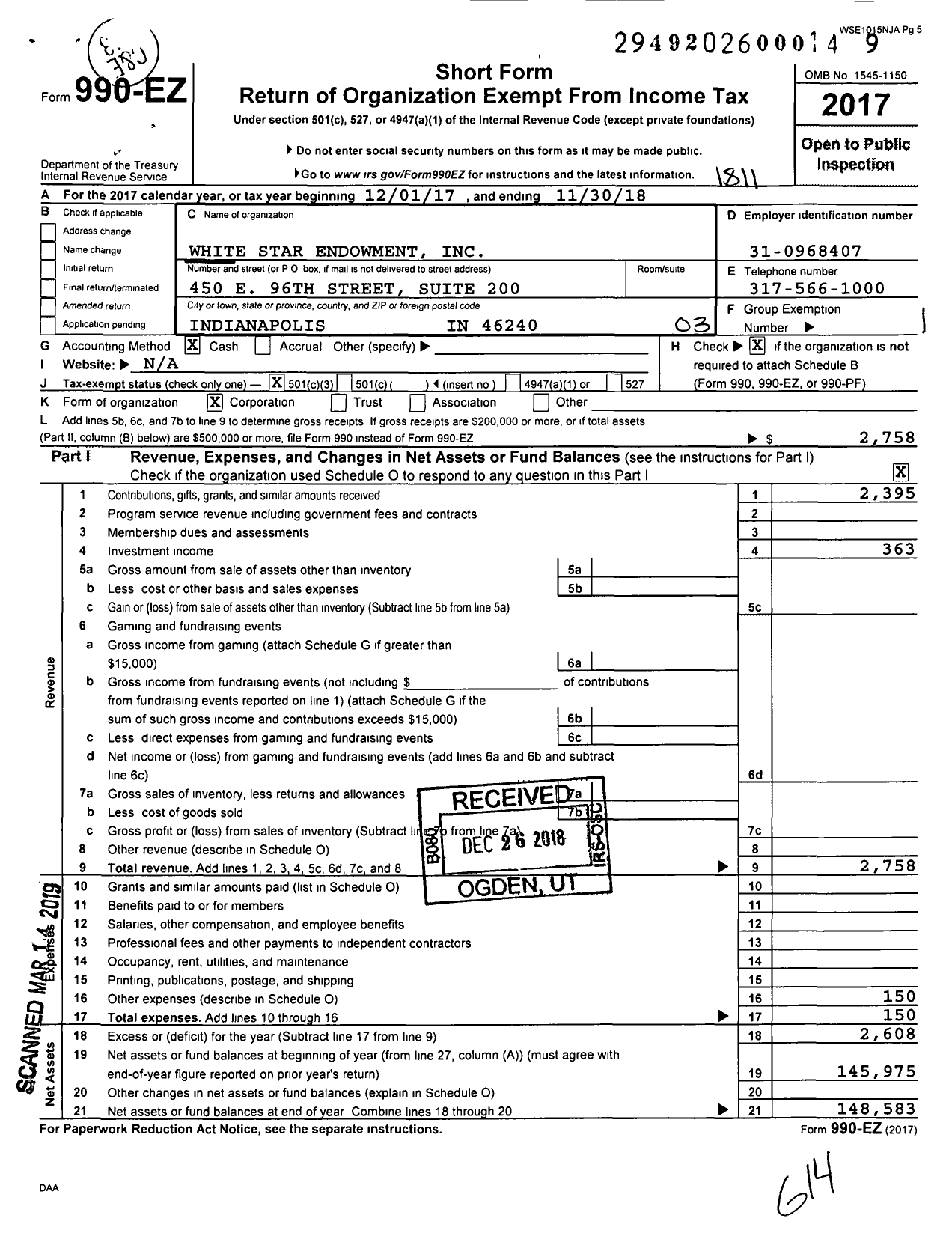 Image of first page of 2017 Form 990EZ for White Star Endowment