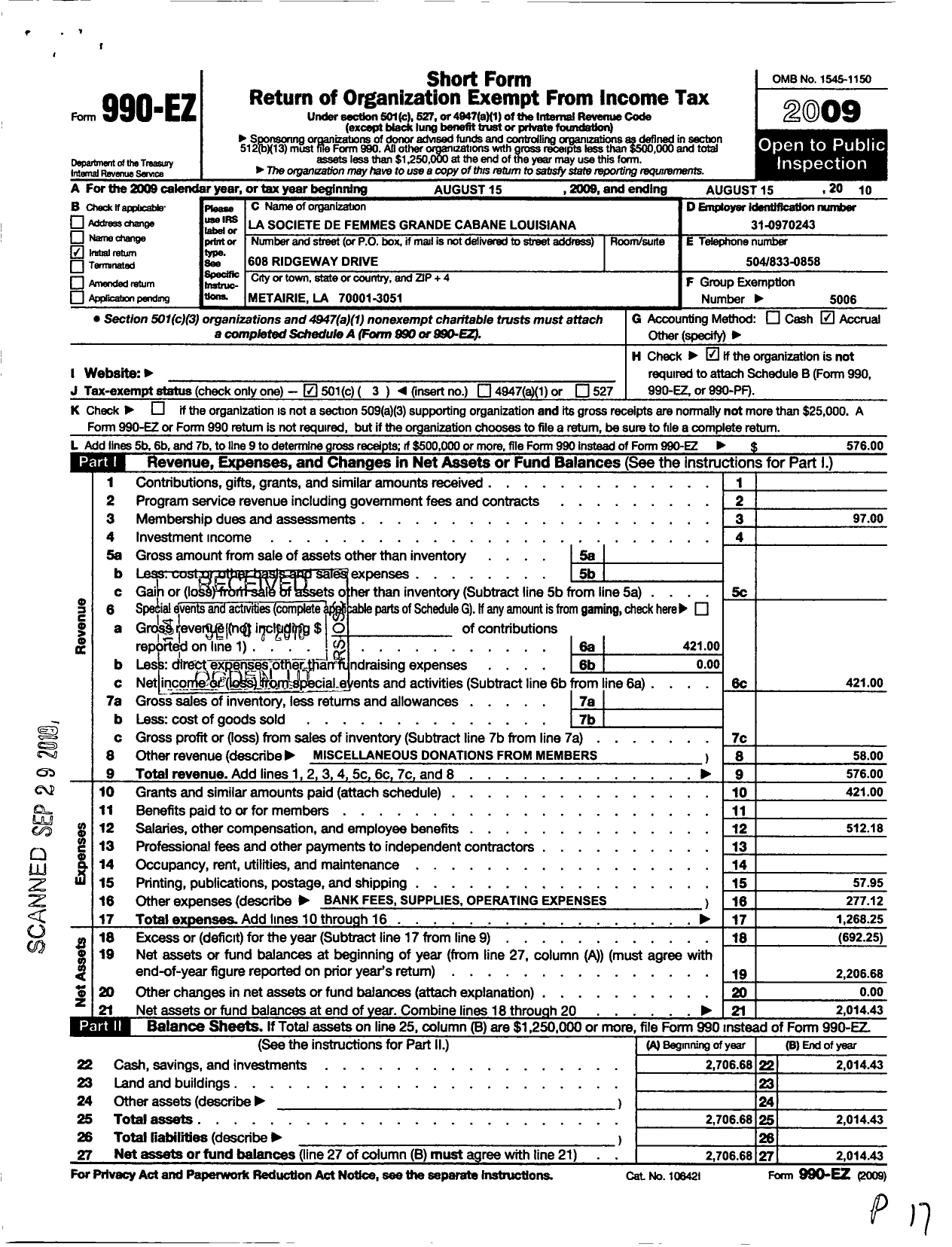 Image of first page of 2009 Form 990EZ for La Societe de Femmes Grande Du La