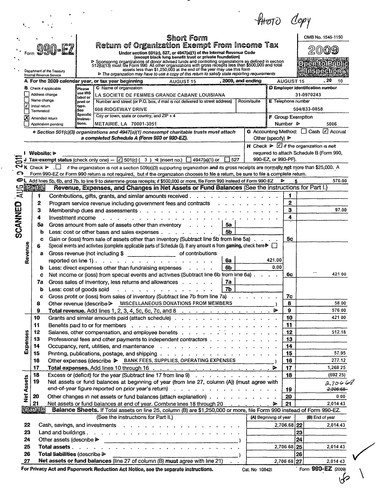 Image of first page of 2009 Form 990EZ for La Societe de Femmes Grande Du La