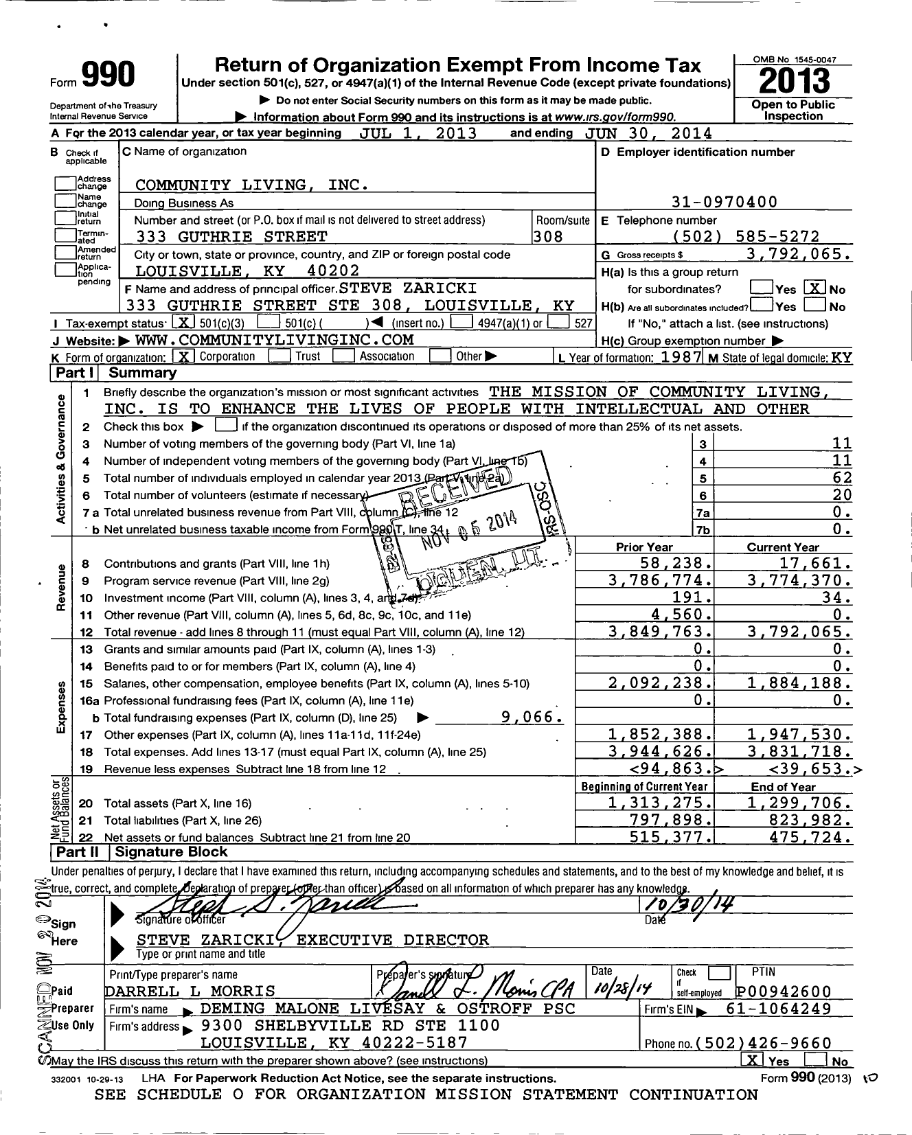 Image of first page of 2013 Form 990 for Community Living