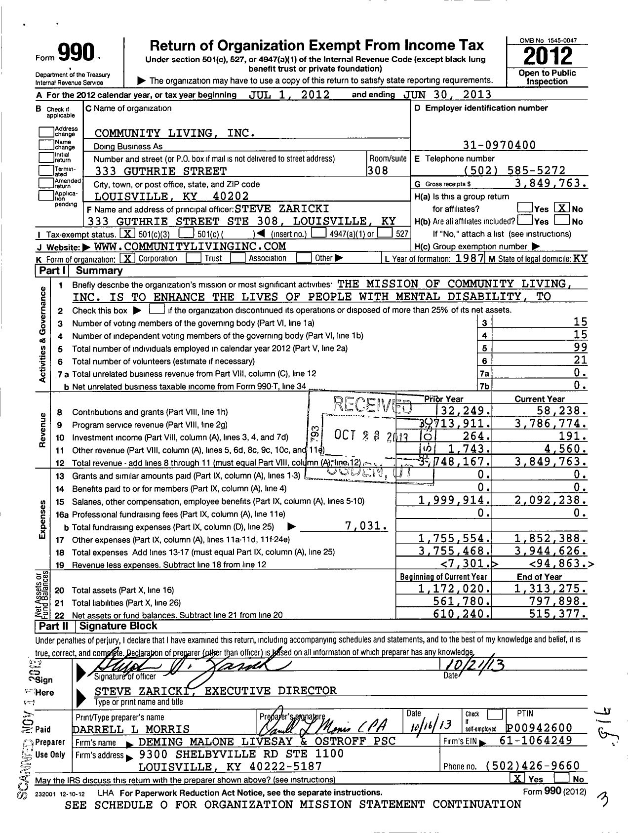 Image of first page of 2012 Form 990 for Community Living