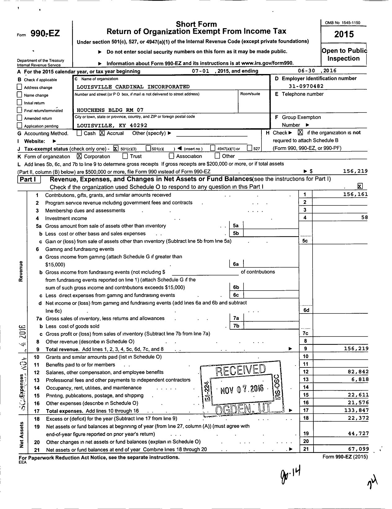 Image of first page of 2015 Form 990EZ for Louisville Cardinal Incorporated