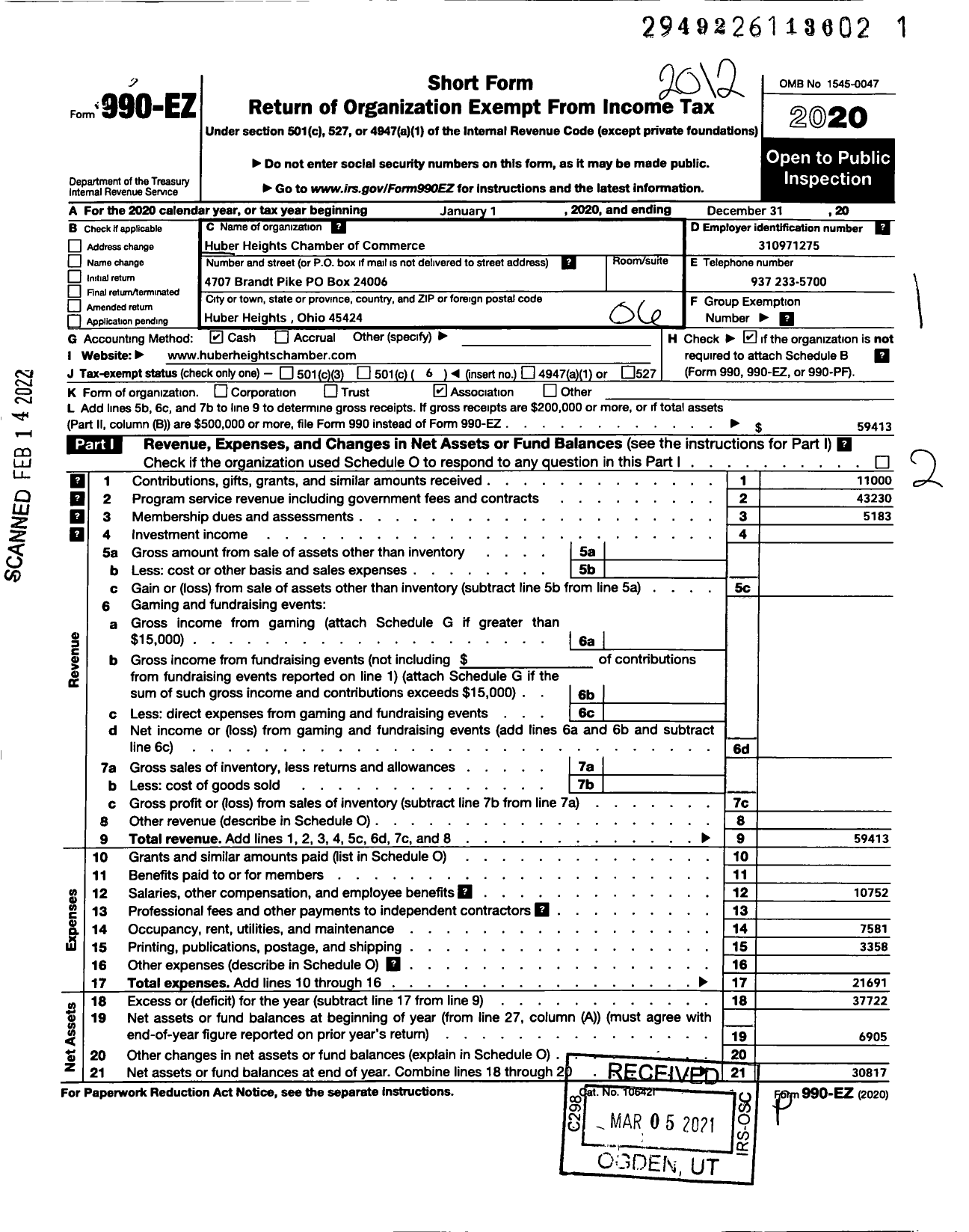 Image of first page of 2020 Form 990EO for Huber Heights Chamber of Commerce