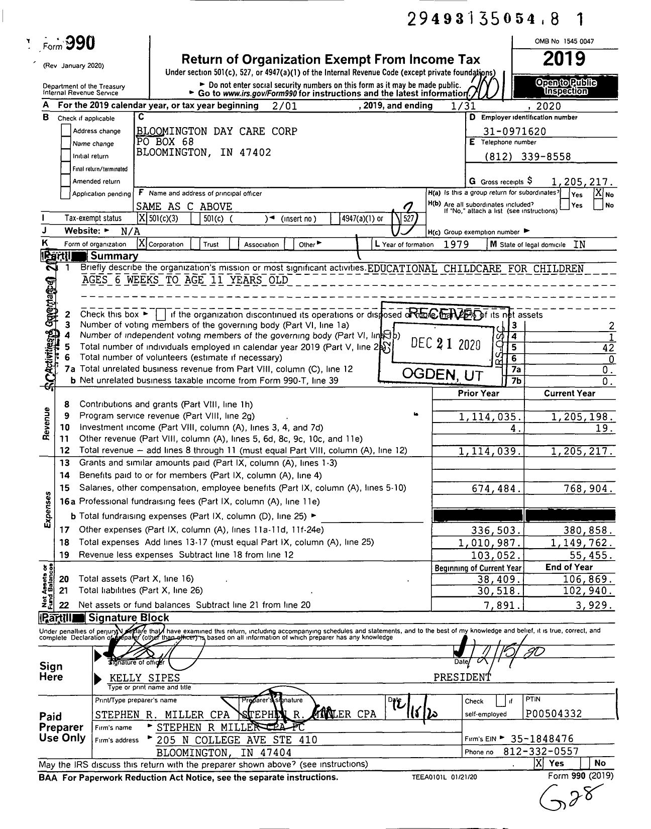 Image of first page of 2019 Form 990 for Bloomington Day Care Corporation