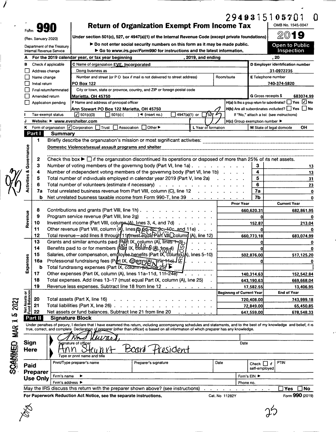 Image of first page of 2019 Form 990 for EVE Incorporated