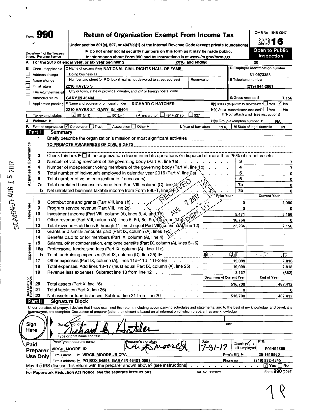 Image of first page of 2016 Form 990 for National Civil Rights Hall of Fame