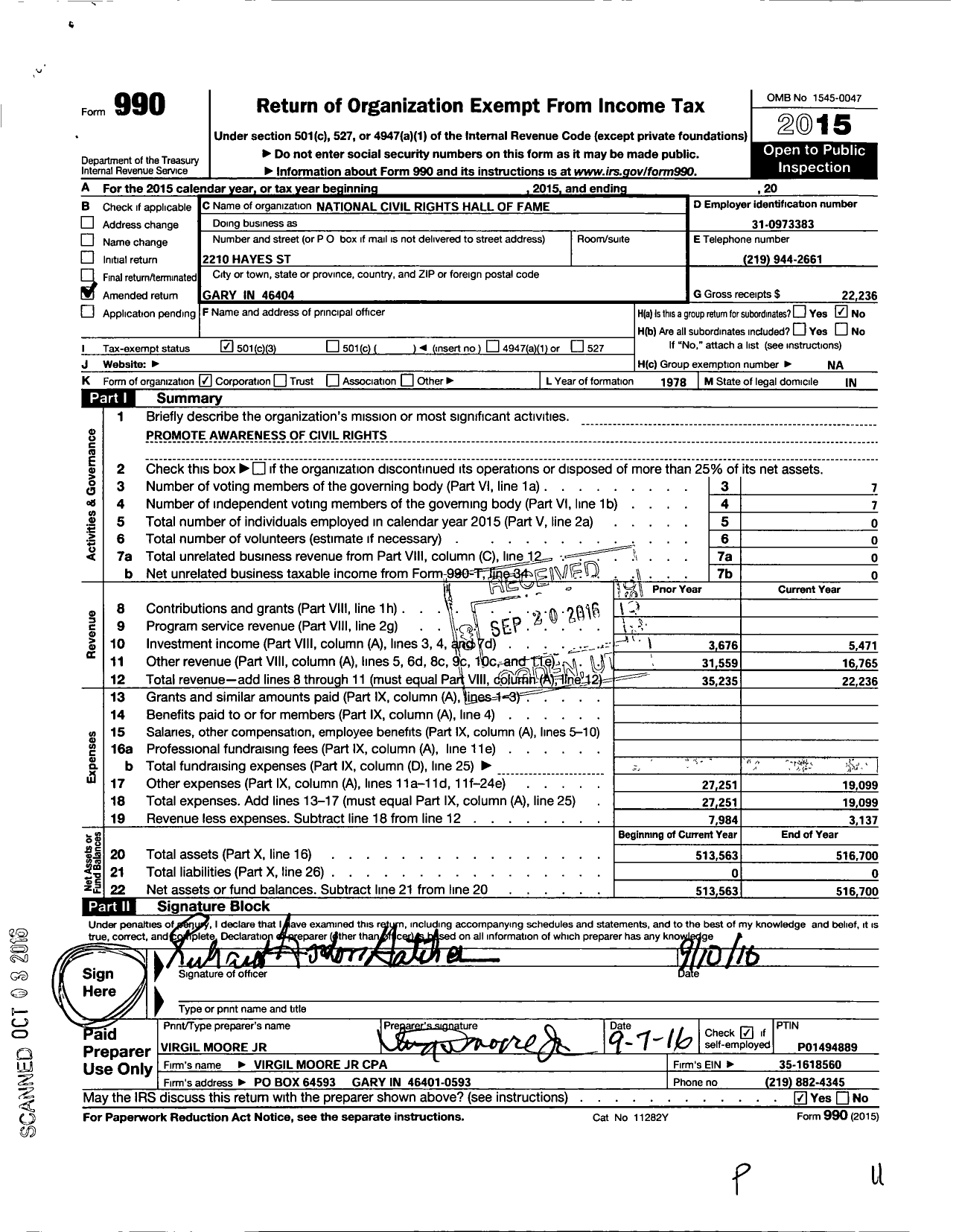 Image of first page of 2015 Form 990 for National Civil Rights Hall of Fame